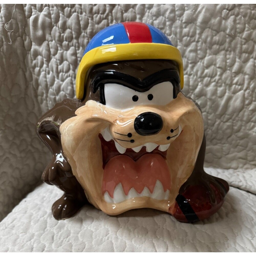 1993 Taz Tasmanian Devil Ceramic Cookie Jar Football Helmet Warner Bros Looney